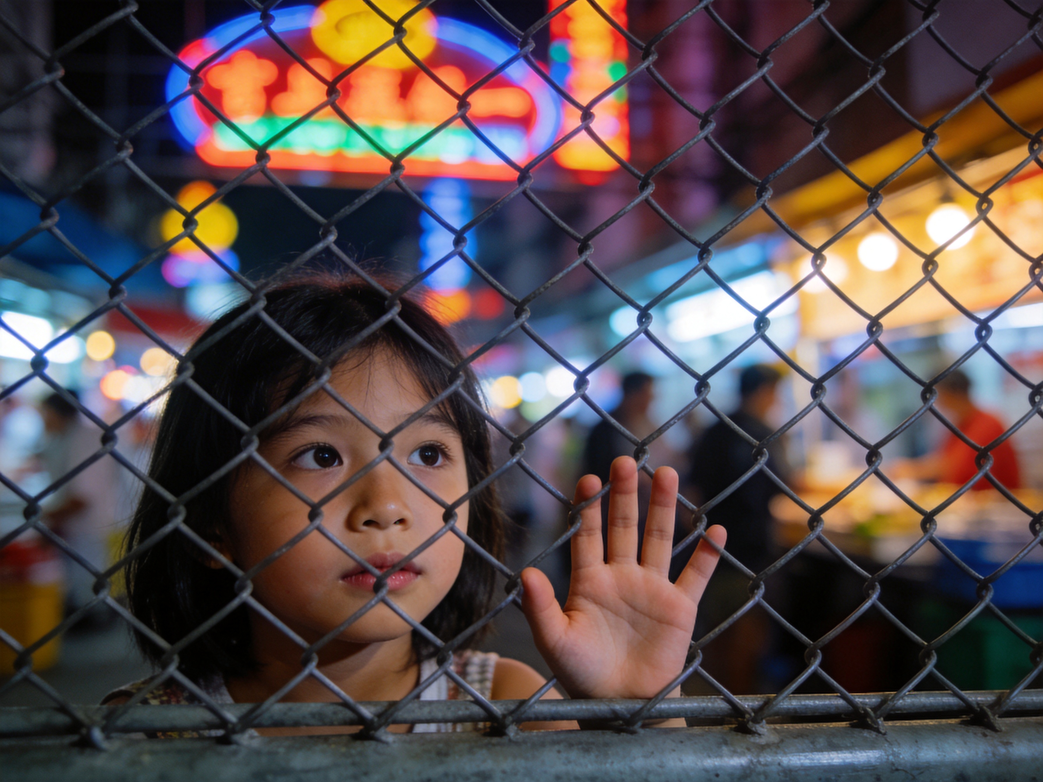 Girl at night market fence